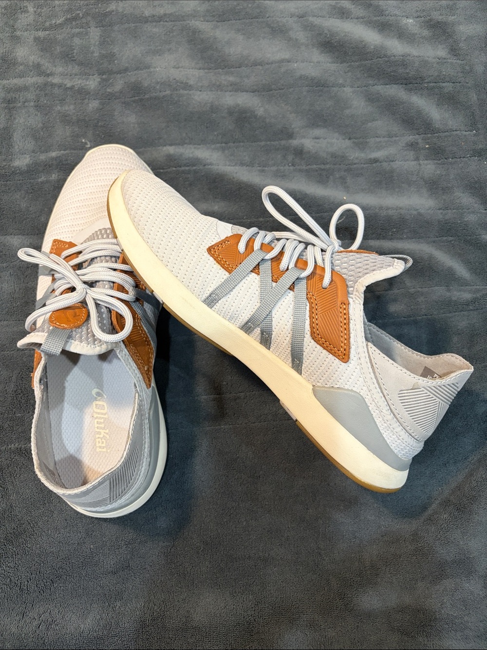 OluKai Gray Knit Sneakers with Tan Leather Accents